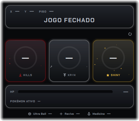 Print da aba AO VIVO do app: a posição, os contadores de kills, XP por hora e shiny, a vida do pokémon ativo e as contagens de ball, revive e medicine.